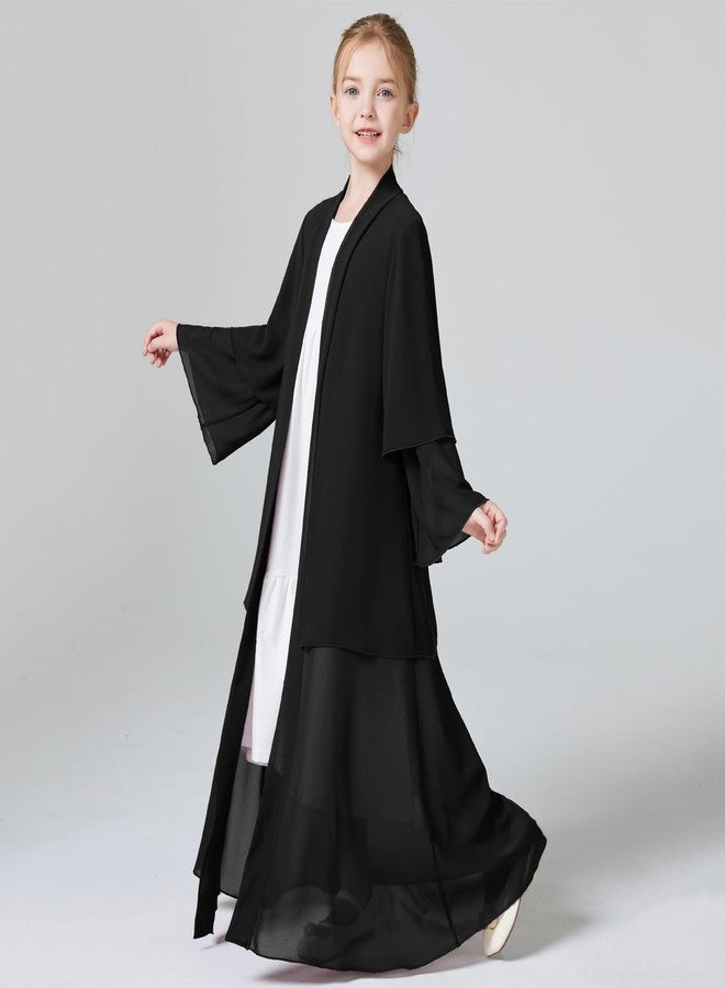 ODIZLI Muslim Chiffon Abaya for Girls Open Front Cardigan Modest Abayas Dresses Middle East Arabian Islamic Long Robe Dress for Kids Church Eid Ramadan Robe Prayer Dress For Girls Black + Hijab 11-12 Years - Image 3